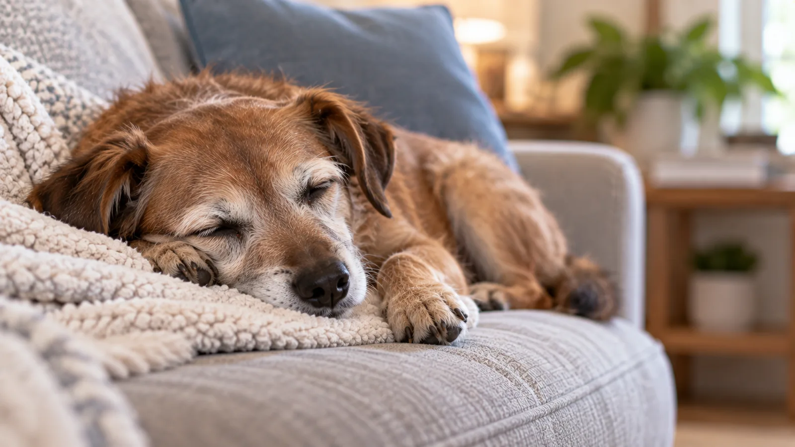 Reddish-brown dog with a greying face sleeping on a couch, head resting on a cream blanket.
